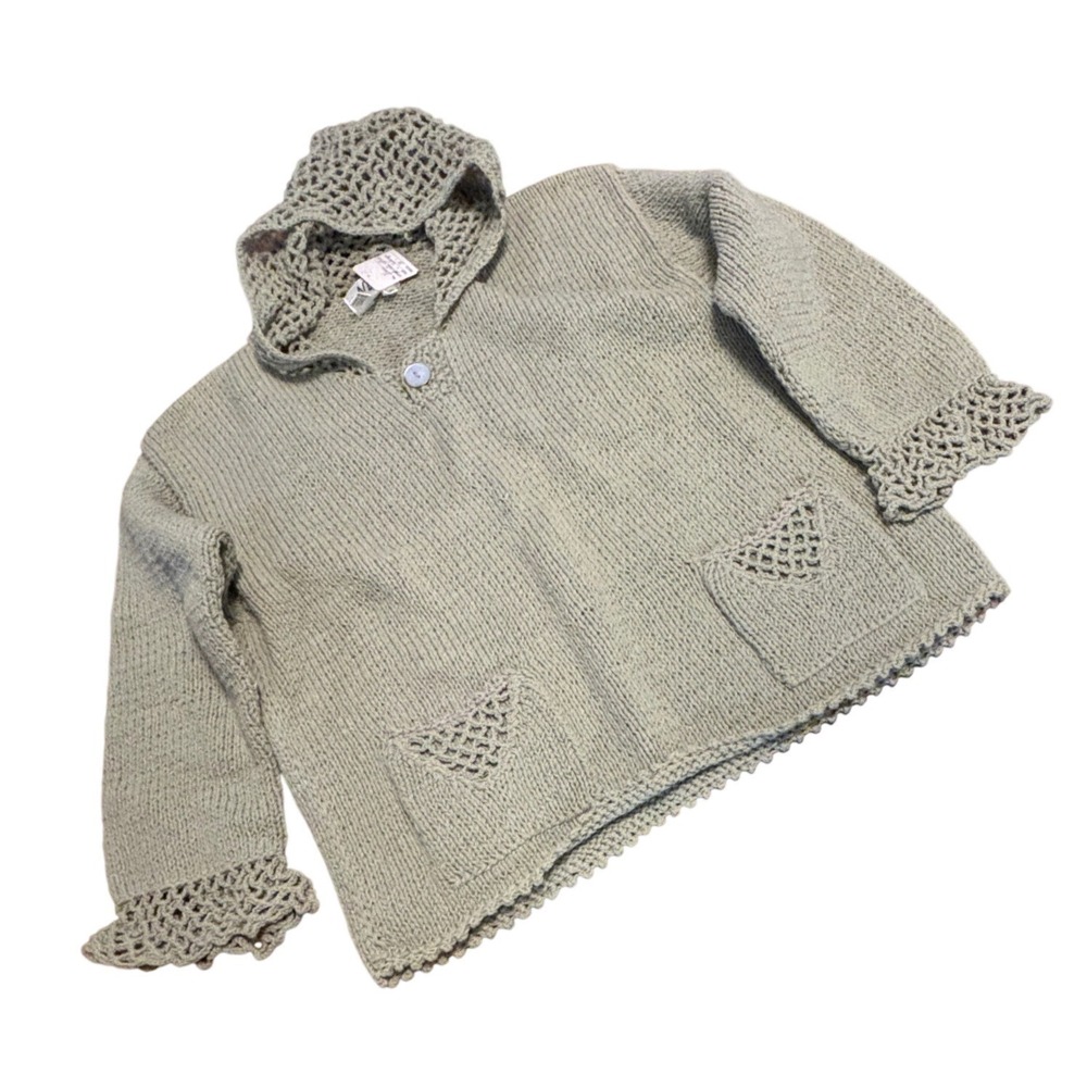 Nina Hand Made Cotton Hooded Sweater Sage Green Crochet Trim L/XL NWT